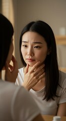 Photo Of Sad Young Woman Examining Face In Mirror Upset Asian