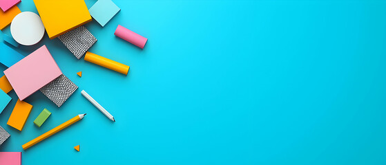 Colorful Geometric Stationary Flatlay On Blue Background