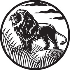 Tribal black silhouette illustration of a wild feline head with a roaring lion design