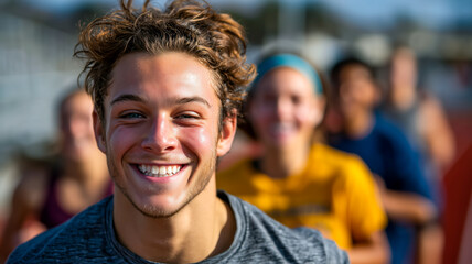 Obraz premium Smiling young athlete leading a group of runners during a training session. Fitness and healthy lifestyle on display. 
