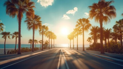 Empty road lined with palm trees at sunset over the ocean