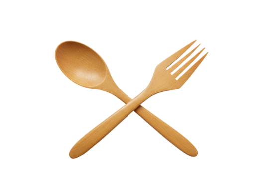 Wooden spoon and fork set laid flat on a white background, isolated with clean lighting and no shadows, for rustic or food visuals.