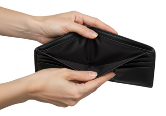 Hands holding an empty black wallet isolated on transparent background
