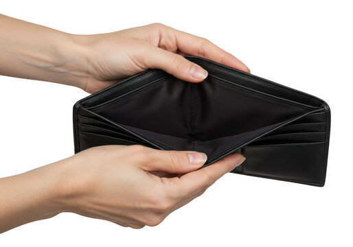 Hands holding an empty black wallet isolated on transparent background