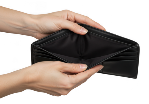 Hands holding an empty black wallet isolated on transparent background