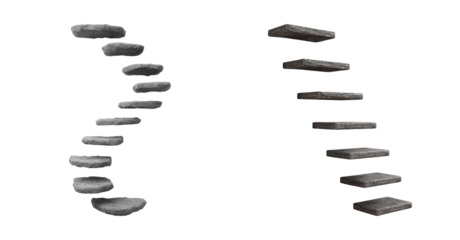 Floating stone and wooden steps isolated on transparency background, abstract concept of modern architecture and design