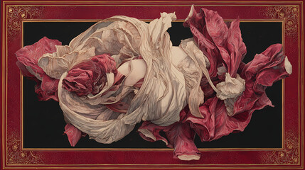 gallery postcard for feminist exhibit | female metamorphosis | spiritual awakening | crimson and pearl | spiritual centrality | floating fabrics | ornamental texture | figurative distortion | goddess