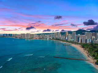 Aerial panoramic views of Waikiki & Mountains Honolulu Hawaii 