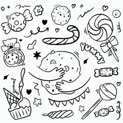 Sweets in doodle style, drawn cookies, candies, ice cream with black line on white background