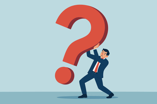 Confused businessman carrying a heavy red question mark symbol. Concept of business problem, dilemma, uncertainty, challenge, doubt, risk, and decision-making. Stressful situation. - Powered by Adobe