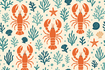 Lobster seamless pattern vector illustration. Retro marine background with stylized orange lobsters, seaweed, shells, starfish. Underwater ocean life wallpaper. Seafood textile print design.
