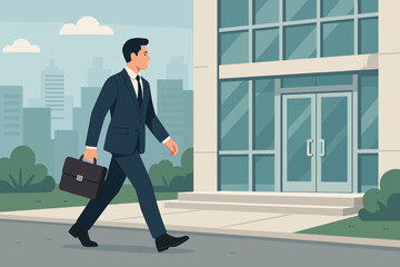 Young businessman in formal suit carrying briefcase, confidently striding towards contemporary office building entrance. City skyline backdrop. Corporate lifestyle, career journey. Vector.