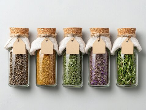 Assortment of Dried Herbs in Glass Jars on White Background