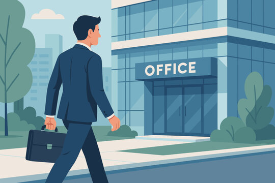Professional businessman in suit with briefcase confidently walking towards modern office building. Start of workday, corporate career journey, urban employment concept. Flat vector art.