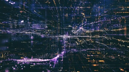 Abstract digital metropolis flowing quantum light data nodes, glowing neon filaments waves, seamless loop, dark elegant cinematic lighting, bokeh particles stars, 4K sci-fi neural network aesthetic - Powered by Adobe