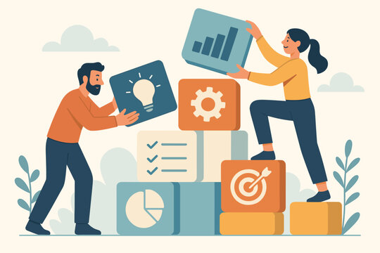 Business collaboration concept. Startup team building project with icon blocks for idea, growth, tasks, goals. Teamwork, strategy, development, and project management for success.