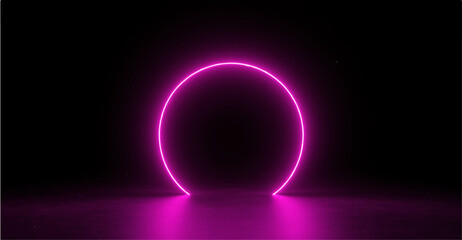 3d render, abstract cloud illuminated with neon light ring on dark night sky. Glowing geometric shape, round frame