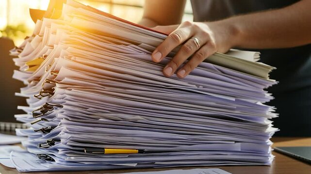Man handling a stack of papers in an office