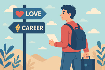 Work-life balance dilemma. Young man at crossroads choosing between love life and career path. Concept of decision making, future choices, ambition, passion. Personal life strategy vector.