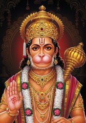 Illustration Golden Hanuman Hindu God Deity Traditional Indian Art