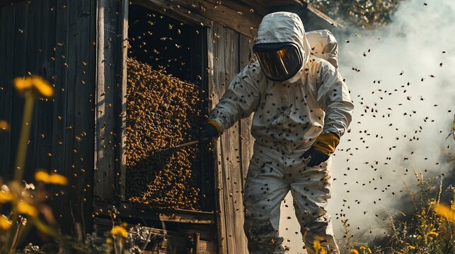 Beekeeper extracting honey from a hive with a swarm of bees in the apiary