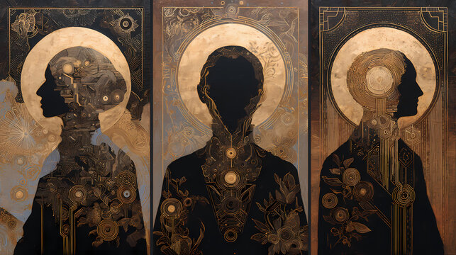 educational poster on sacred archetypes | ancestral memory | narrative mystery | earth tones with metallic accents | spiritual centrality | hidden glyphs | narrative silhouette mapping | figurative
