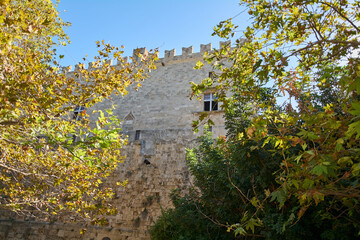 Glimpse the historical grandeur of Grossmeisterpalast in Rhodes-Stadt, with its aged stone facade appearing behind a curtain of vibrant green and golden leaves against a bright sky.