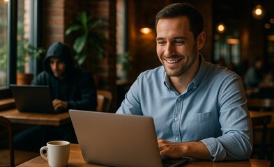 Cybersecurity Risk in Public Wi-Fi — Hacker Monitoring Data in Coffee Shop