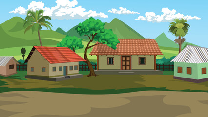 Indian Cartoon Village Background Vector | Rural Landscape with Traditional Mud Houses, Palm Trees, and Mountains Ideal for Animation, Educational Videos and Explainer Projects

