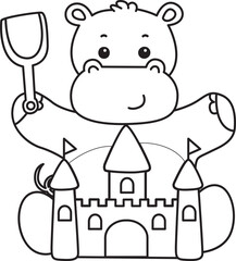 Outline of Cute hippo icon. Coloring page of Funny baby hippo animal series stock illustration. life of fluffy hippo designs.