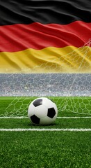 Naklejka premium Illustration Of German Flag Over Soccer Ball On Green Field