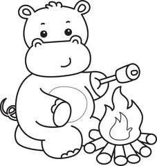 Outline of Cute hippo icon. Coloring page of Funny baby hippo animal series stock illustration. life of fluffy hippo designs.