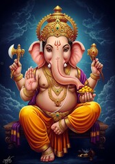 Illustration of Ganesha Hindu Deity Elephant God with Ornate Crown
