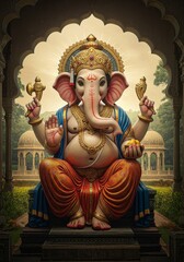 Illustration of Ganesha Hindu God with Golden Ornate Decoration