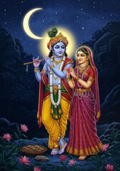 Fototapeta premium Illustration of Krishna and Radha Under Moonlit Sky with Divinity