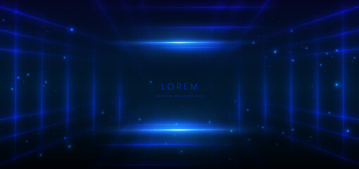 Technology futuristic glowing lines neon blue light ray on dark blue background.