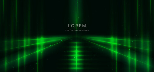 Scene glowing green neon lines. Hi speed motion moving concept on black background.