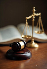 judge gavel, law books and scales of justice on desk in lawyer office. legal justice concept.