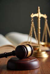 judge gavel, law books and scales of justice on desk in lawyer office. legal justice concept.