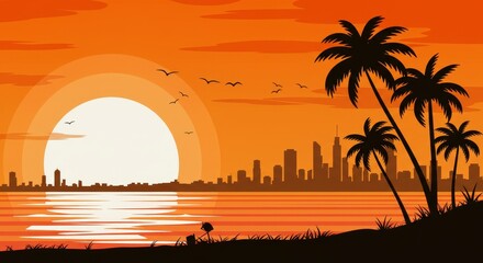 Pixel Art Sunset Over City Palm Trees Silhouette Orange Sky Sea