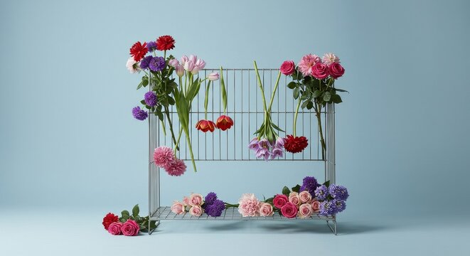 Pixelated Still Life of Flowers Arrangement with Creative Floral on Blue