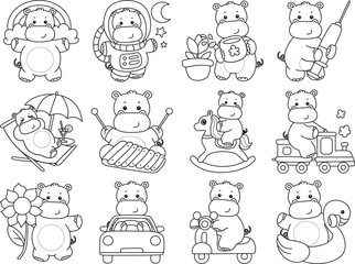 Outline of Cute hippo icon. Coloring page of Funny baby hippo animal series stock illustration. life of fluffy hippo designs.