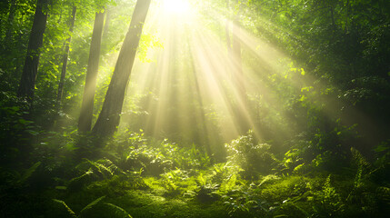 Obraz premium Dark rainforest, sun rays through the trees, rich jungle greenery. Atmospheric fantasy forest. 3D illustration.