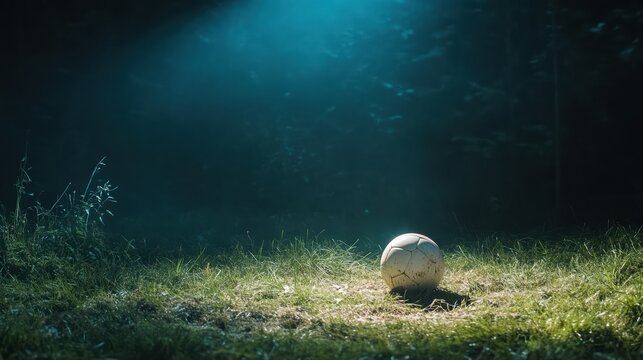 a football on grass, illuminated by a spot light --ar 16:9 --v 6.1 Job ID: 7b115259-408b-46d0-8805-29c639d1cdec