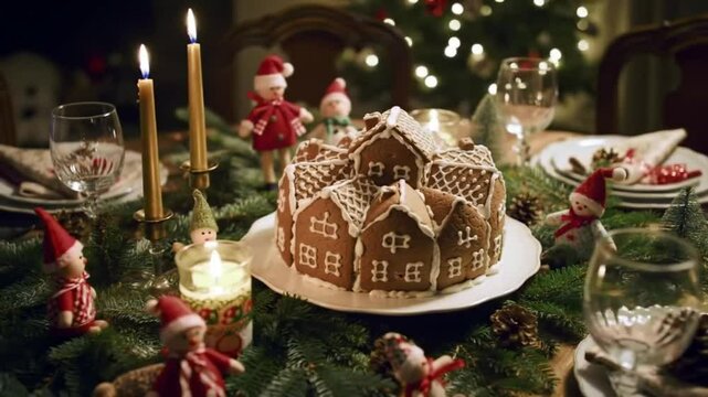 Christmas and New Year beautiful elegant family dinner table setting decorated with candles, fir tree branches, handmade craft toys. Gorgeous big homemade cake with gingerbread houses as centrepiece.