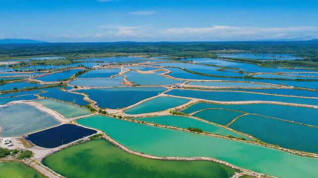 Captivating aerial view of algae cultivation ponds captured by a drone. The colorful and detailed landscape showcases sustainable farming and ecological practices in aquaculture.