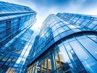 Low-angle view of modern skyscrapers.  Glass facades of tall office buildings rise against a partly cloudy sky.  Buildings are connected, showing architectural detail
