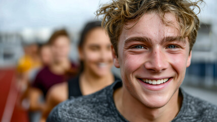 Smiling athlete leads his team. Joyful sportsmanship and camaraderie on display after a training session. Fitness and teamwork
