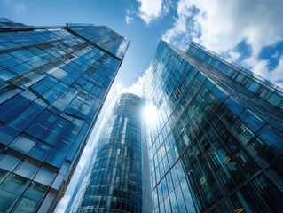 Fototapeta premium Low-angle view of modern skyscrapers. Glass facades reflect a bright sky with puffy clouds. Sunlight shines through the gaps