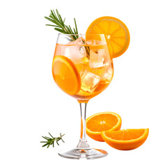 Fototapeta premium Citrus cocktail with herbs: A refreshing citrus cocktail, artfully garnished with fresh herbs, ice, and vibrant orange slices, perfect for a moment of relaxation.